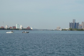 View of the Detroit River and the cities of Windsor (left shore) and Detroit (right shore)