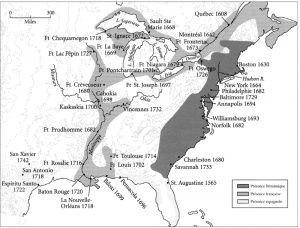 Map showing the extent of French occupation and areas of métissage in North America
