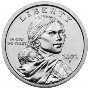 American one dollar coin featuring Sacagawea and her son, Jean-Baptiste Charbonneau