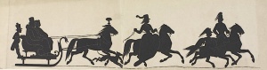 Silhouette of a group of people riding in a carriole, 1853.