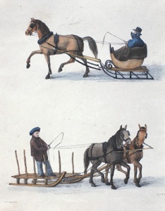 A carriole and a farm sleigh, 1834.