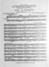 Partition musicale  du chant patriotique Vive « Le Patriote » du R.P. Boileau, o.m.i. et de labbé A Erny.