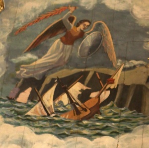 Détail de la fresque figurant derrière l'autel de l'église Notre-Dame-des-Victoires: miracle de 1711