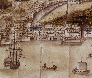 Detail of a map showing Quebec City in 1688. Place-Royale and the bust of Louis XIV are clearly visible in the middle.