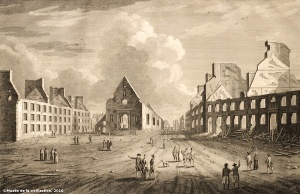 View of Notre-Dame-des-Victoires Church in 1761. The church was demolished during the Seven Years War.