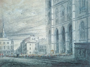 La place dArmes et léglise catholique pendant le défilé de la Fête Dieu, Montréal, 1840