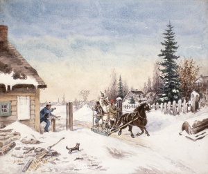 Habitants fuyant le poste de péage, 1867 : on y voit une traîne à bâtons